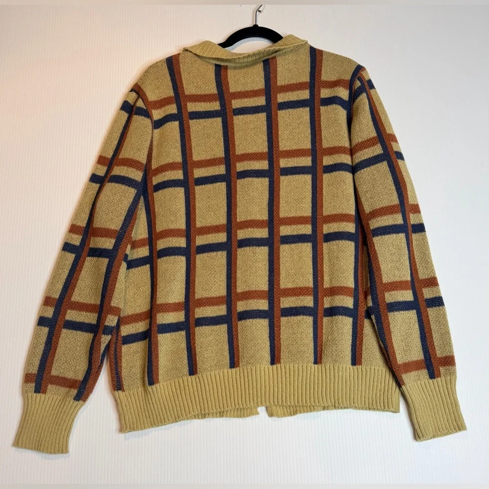 Vintage Grandpa Style Cardigan Sweater Beige Blue Rust Grid Button Front-XL